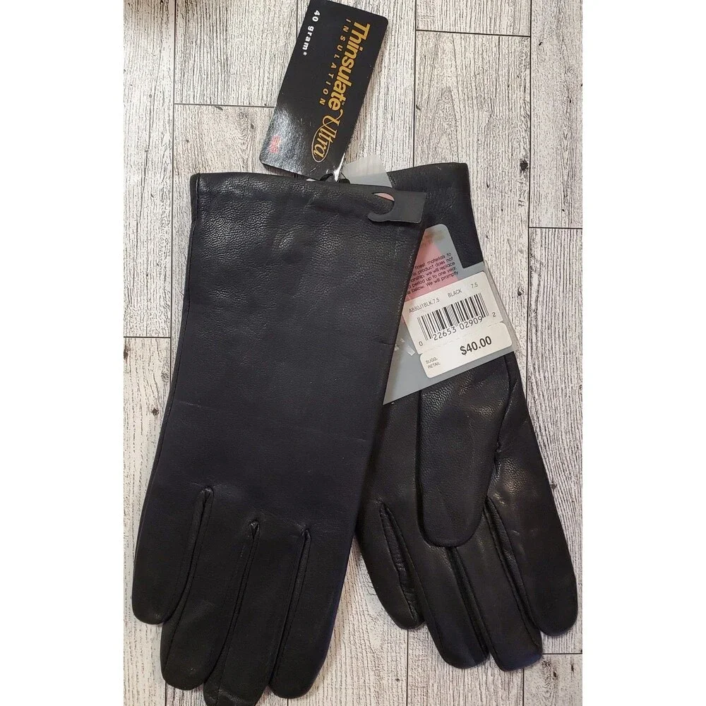 Vtg 2005 Isotoner Women's Black Leather Gloves Thinsulate Lined Size 7.5 NWT Y2K